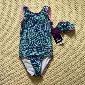 PLUM fun teal and blue patterned pink lined gymnastics leotard with scrunchie